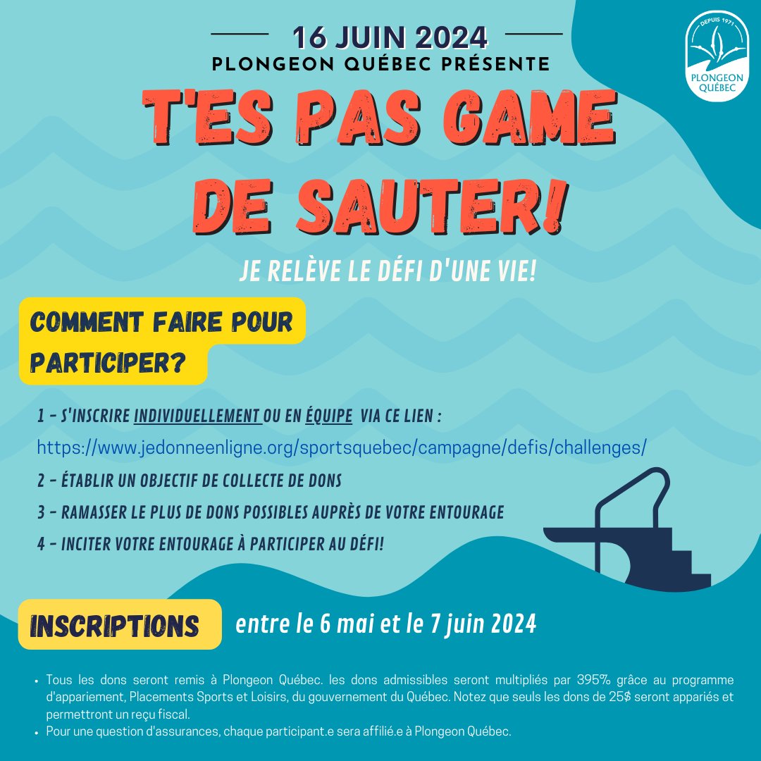 Dans le cadre de la Super Finale Espoir Aquam, notre collecte de dons « T’es pas game de sauter ! » est de retour le 16 juin 2024 au Complexe aquatique du Parc Jean-Drapeau ! Qui sera "game" de sauter du 10m ?

Détails, inscriptions ou dons : plongeon.qc.ca/tes-pas-game-d…