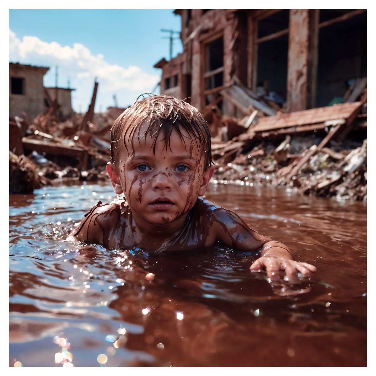 |[15]| 🫠 Playtime in Puddles 🫠
____________________________
✍️ Prompt details:
🤖 A striking vivid image of a child baby boy swimming in a brown water pool in a destroyed post-apocalyptic world
____________________________

#AIart #aiartist #digitalart #DigitalArtist