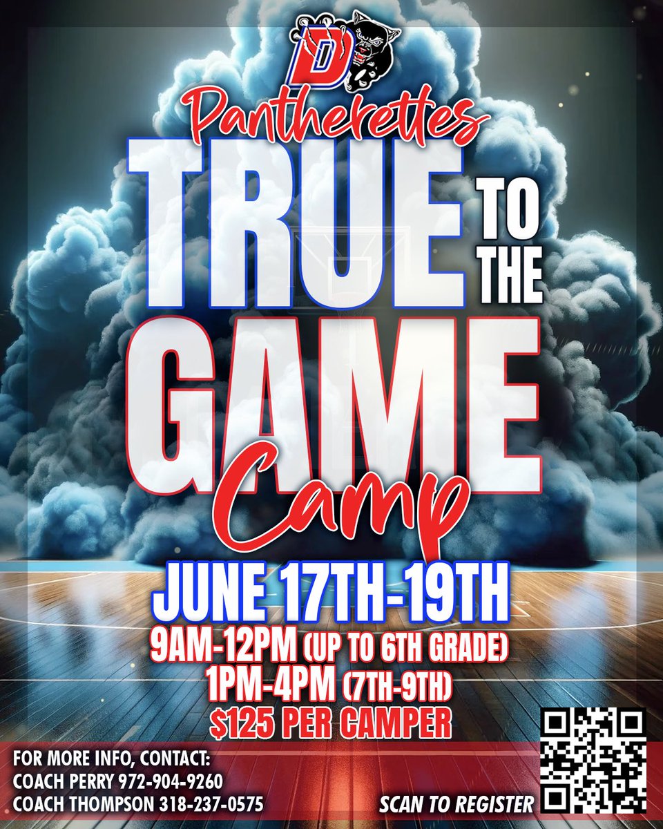 @dvillepantherettes True to the Game Camp is here !! June 17-19.. 1st-6th Grade 9a-12p 7th-incoming 9th Grade 1a-4p ALL SKILL LEVELS Registration closes June 8th..