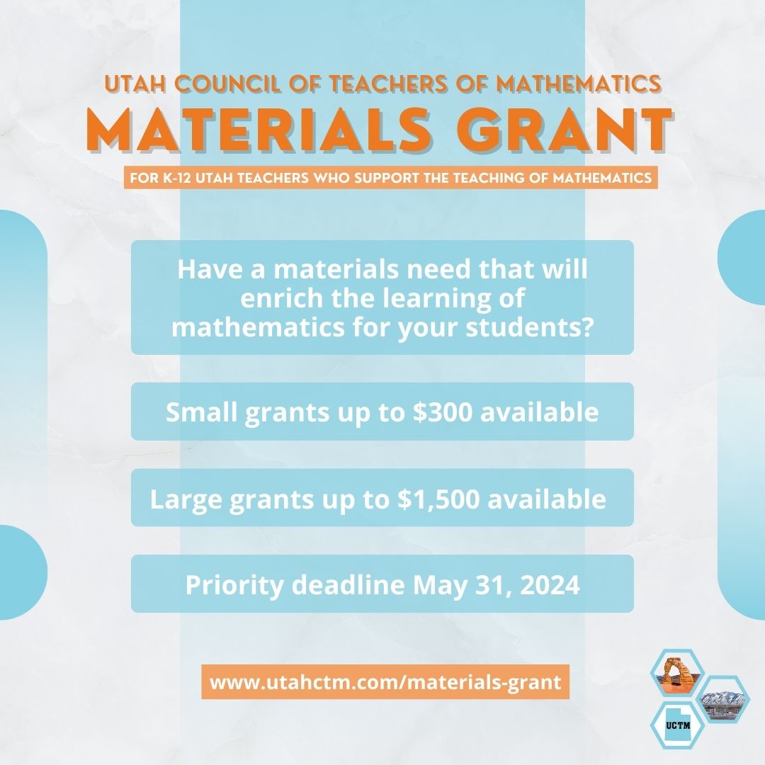🌟 Exciting News for Educators! 🌟 Looking to enhance your classroom with new materials? Apply now for our Small or Large Materials Grants! Apply today to enrich your students’ math experience. Let’s empower learning together! 📚💡#Mathing#UtahEducators#MtBos#IteachMath#UCTM