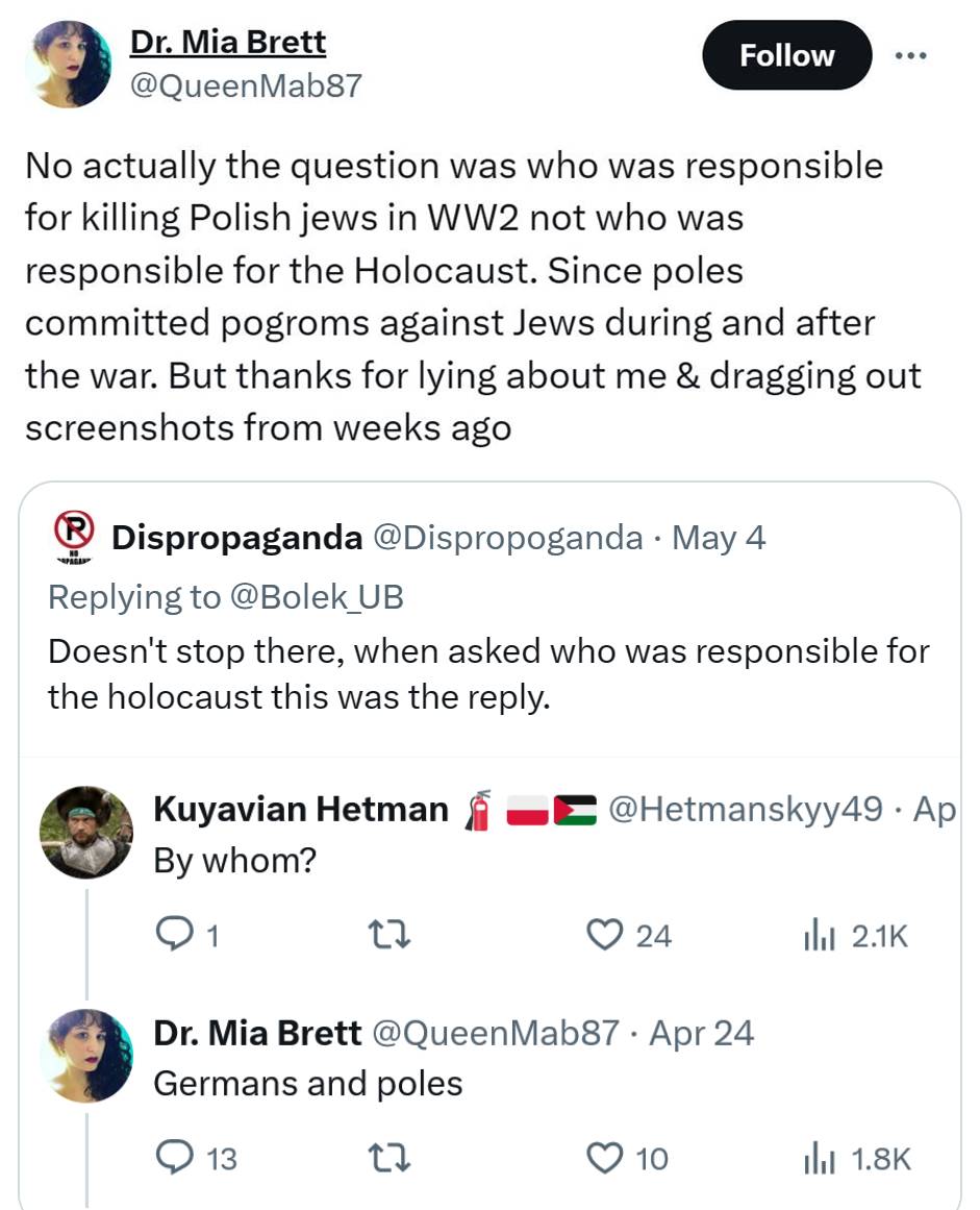 This Jewish American academic continues to blame Poles for the deaths of 3 million Polish Jews, and when exposed, she blocks and goes schizo. Germany killed Poland's Jews, not Poles. Holocaust distortion -shifting blame from murderers to victims- is as bad as holocaust denial.