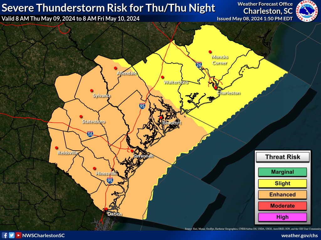 The severe thunderstorm outlook for Thursday has been upgraded for southeast GA. The primary threat will be damaging winds with a cluster of thunderstorms that move through in the afternoon. #scwx #gawx See more details on our graphical hazards page:  weather.gov/erh/ghwo?wfo=c…