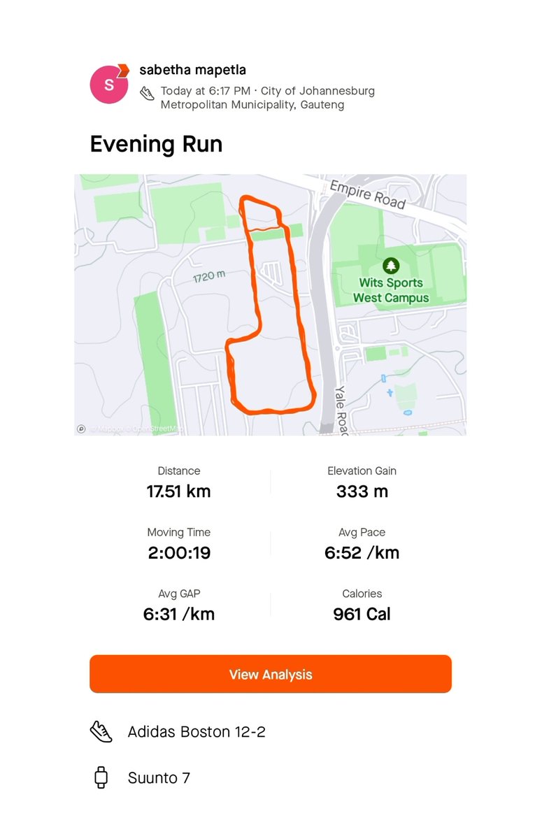 Wednesday run day 😊
17 km run ✔️
#Runningwithtumisole
#FetchYourBody2024