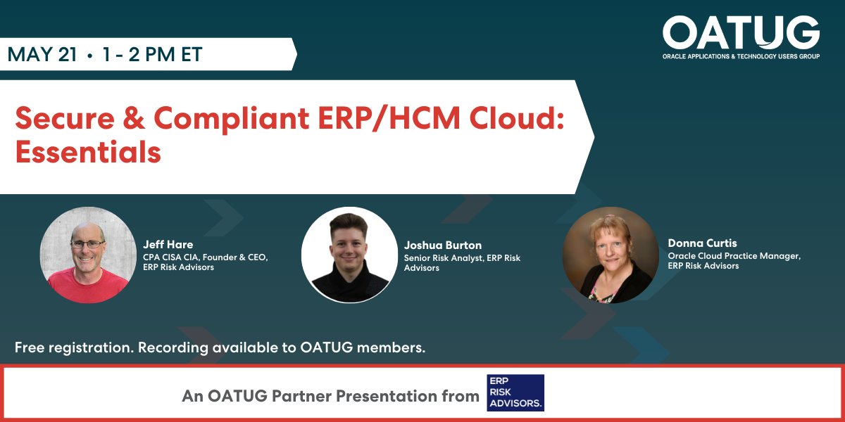 New from ERP Risk Advisors: Secure & Compliant ERP/HCM Cloud Essentials, May 21 at 1 pm ET.  Discover what you need to know to have a secure and compliant ERP / HCM Cloud environment. Register: ow.ly/CawB50RzEiH
 #CloudERP #CloudHCM