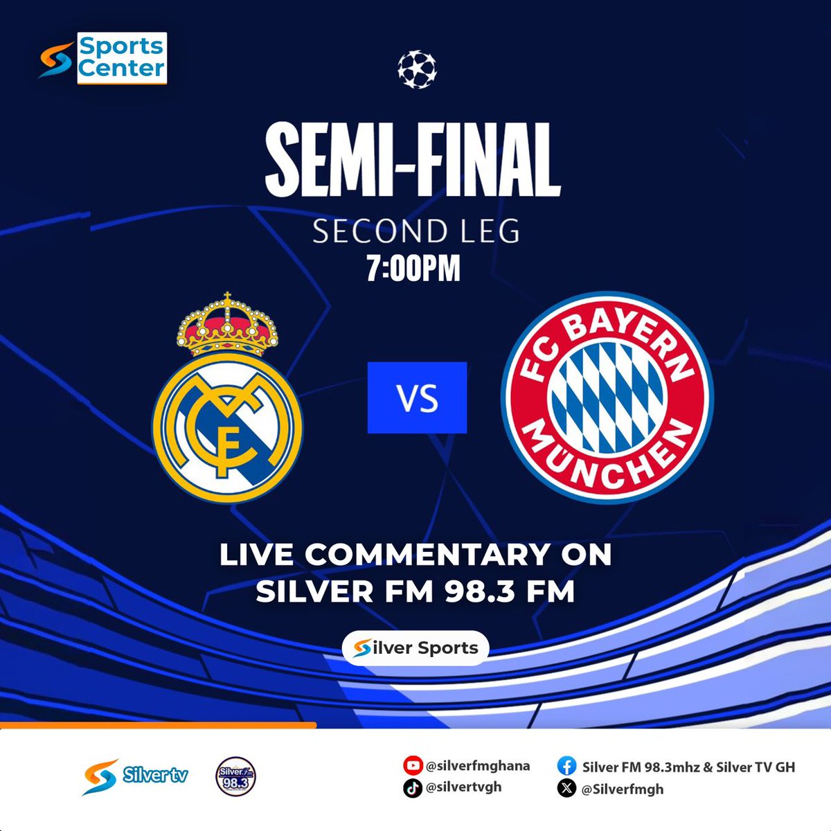 UEFA CHAMPIONS LEAGUE NIGHT! BIG GAME ‼️ REAL MADRID 🆚 BAYERN MUNICH DROP YOUR PREDICTIONS!! #SilverSports live commentary on Silver 98.3mhz