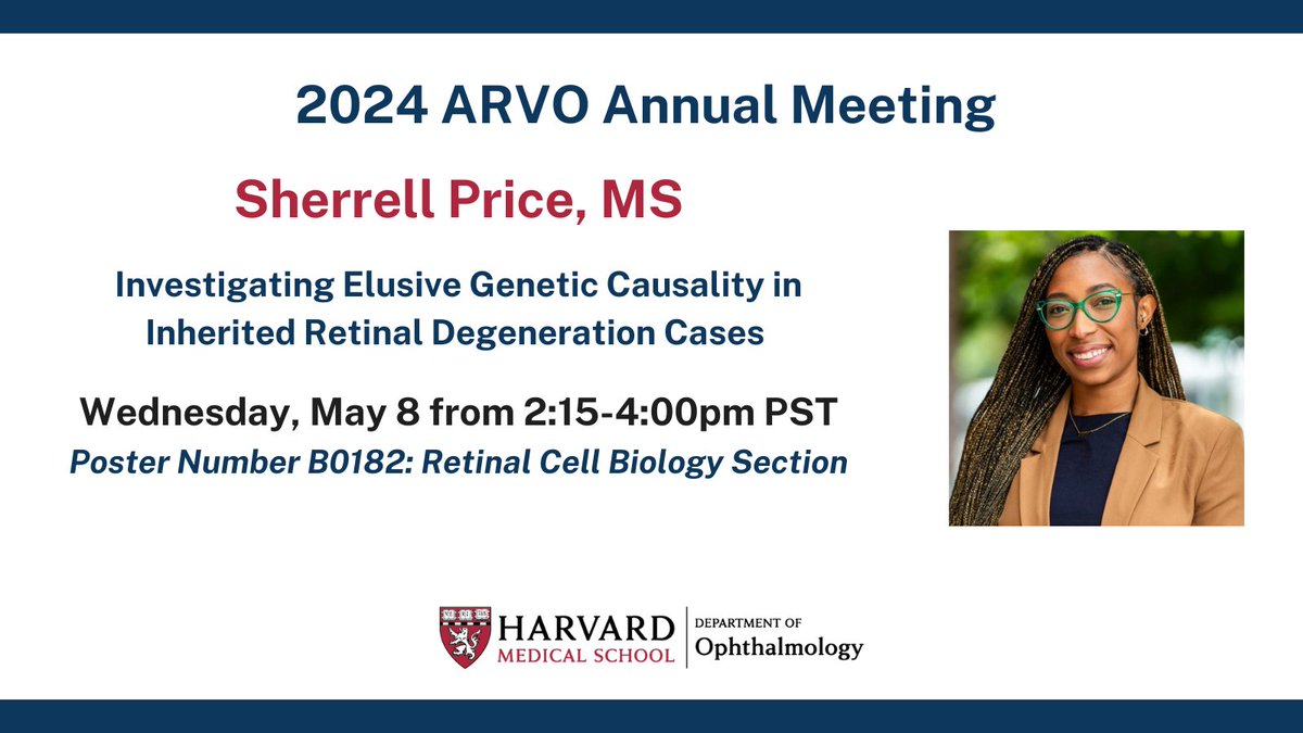 . @MassEyeAndEar research fellow Cherrell Price is presenting at this afternoon's poster session and will share how genetic data reanalysis can help reduce the missed diagnosis of inherited retinal disorders. #ARVO2024 Poster # B0182