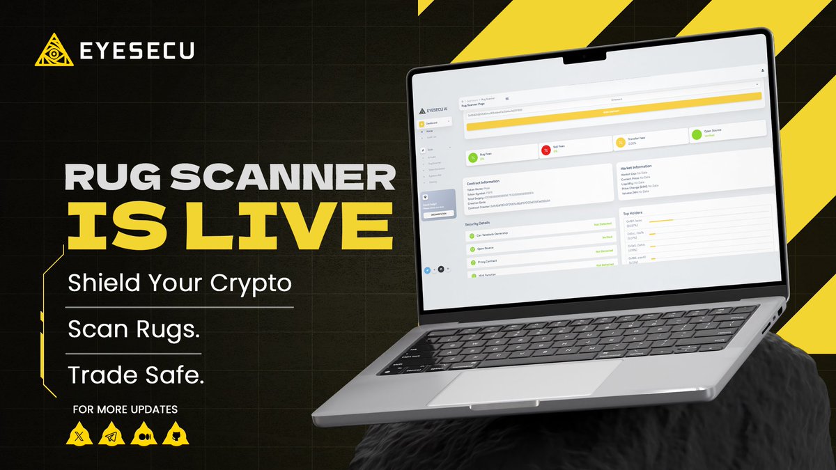 eyesecu_ai's tweet photo. Tired of Web3 scams? Fight back with Rug Scanner by @EyeSecu_AI 💪 Expose malicious contracts. Protect your crypto. Scan. Verify. Invest safely.
VISIT RUG SCANNER HERE: https://t.co/4wqManxCjb
#EYESECUAI #DeFi #Web3 https://t.co/t8XUEdE5NU