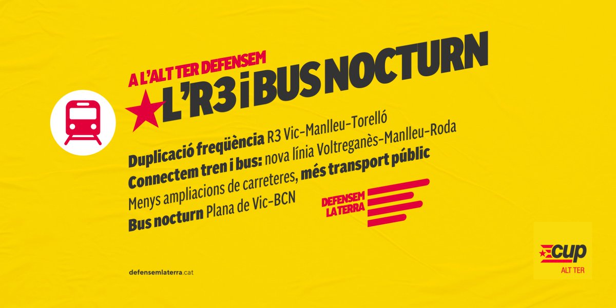 CUPOsona's tweet photo. @CUPNordOriental 🟡 A l'Alt Ter, defensem...

🚆 L'R3: duplicació de la freqüència entre #Vic i #Torelló. 
🚍 Connexió tren-bus: nova línia #Voltreganès-#Manlleu-#RodaDeTer.
🚌 Bus nocturn Plana de Vic-Barcelona.

❌ Menys ampliacions de carretera i més transport públic! https://t.co/LvCKOAll2G