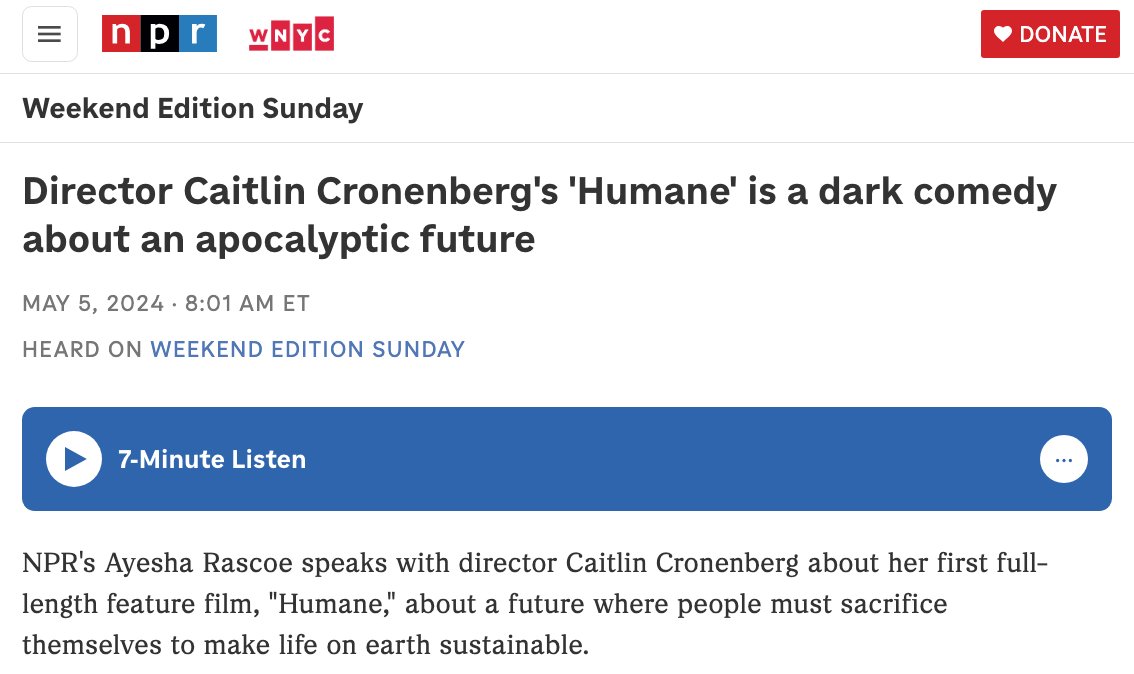 Huge thanks to @ayesharascoe for this wonderful talk with director @caitcronenberg about HUMANE for @NPRWeekend! n.pr/4dtWKqB