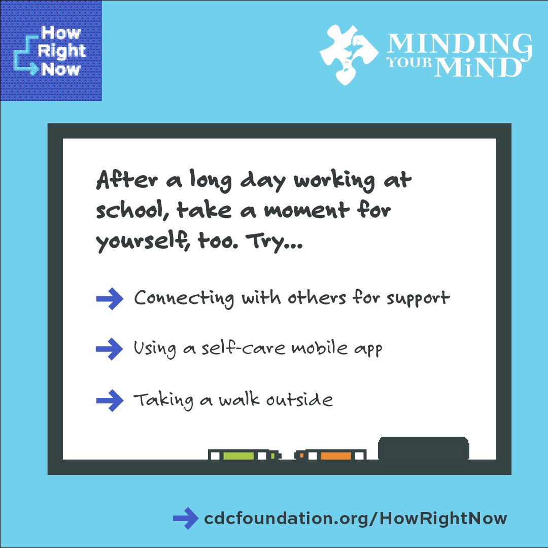 Working in a school is challenging, and nobody can do it all. Spend time doing something that re-energizes you. Appreciate what you accomplished today and focus on actions that help you meet your own needs and maintain balance. #HowRightNow #Together4MH #TeacherAppreciationWeek