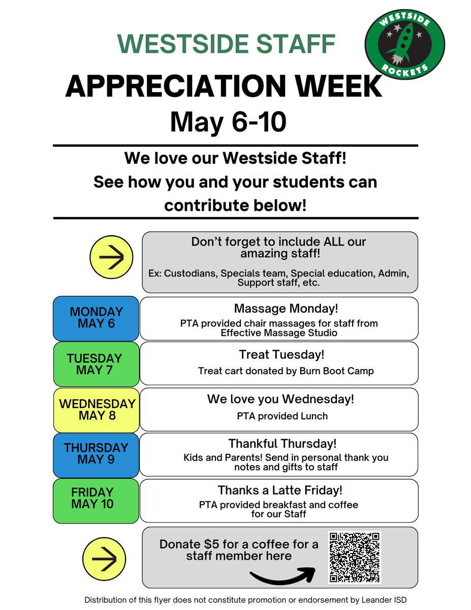 Tomorrow is Thankful Thursday for our staff at Westside! Make sure you write a kind note and/or send in a small gift. And please do not forget to include all of our staff: custodians, cafeteria workers, support staff, special education and admin. We are thankful for all of them!