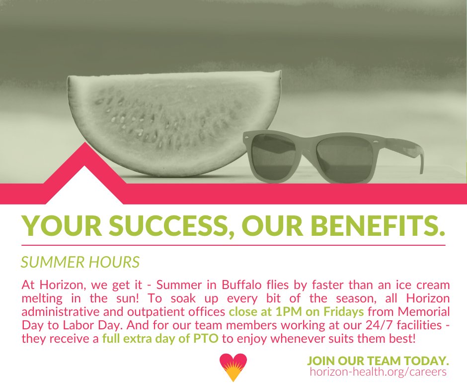 ☀🕶️ Summer is quickly approaching, which means it’s almost time for one of our team members’ favorite perks – Summer Hours!

🌟Join a Best Place to Work in NYS: bit.ly/3uSkot2

#CompanyBenefits #BestPlaceToWork #CorporateCulture #Summer #BuffaloCareers