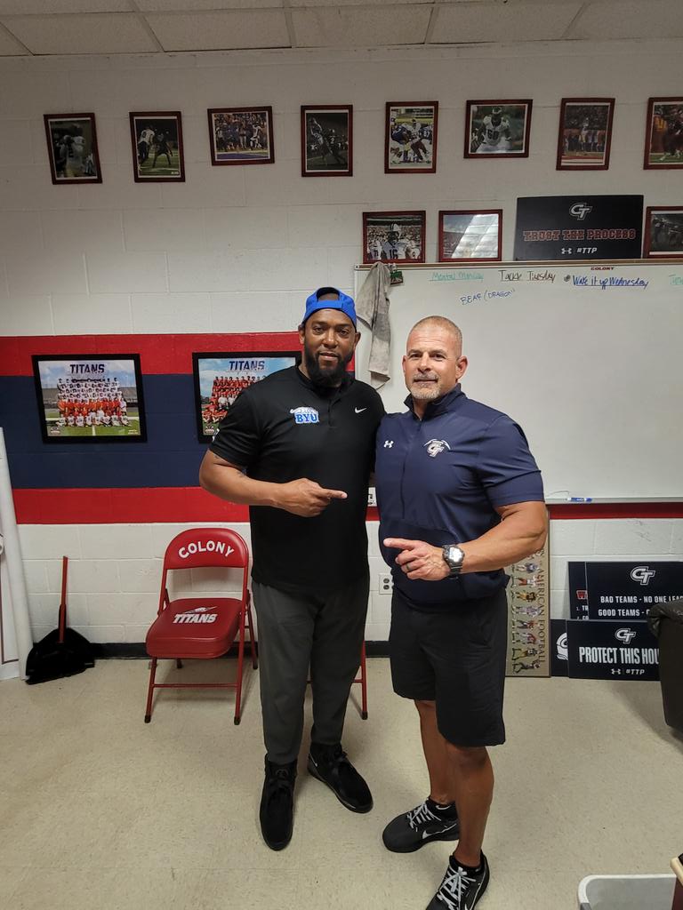Like to thank @jernarogilford @BYUfootball for coming out to Colony HS to recruit our student-athletes. Appreciate you hanging out and talking ball and life.@CoachGomez91 @CoachOKeefe @CoachImbach24 @ColonyTitans_FB @coachleon92 @CoachTufunga