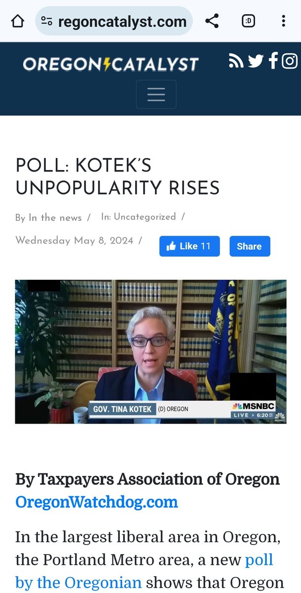 Poll: Kotek’s Unpopularity RISES | The Oregon Catalyst
oregoncatalyst.com/77345-poll-kot…

By Taxpayer's Association of Oregon 
OregonWatchdog.com 

In the Largest LIBERAL Area in OREGON, the PORTLAND Metro Area, a NEW  POLL by the Oregonian shows that OR GOVERNOR TINA KOTEK is LOSING