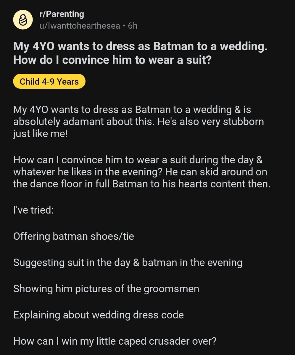 Tell him he gotta be Bruce Wayne during the wedding and can be Batman at the reception, easy peasy tbh 😅