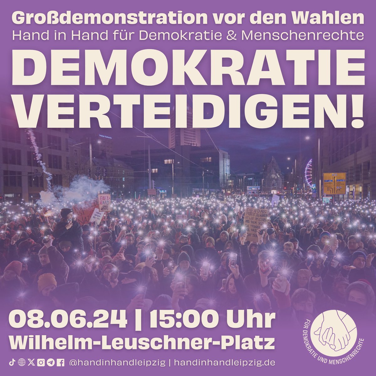 Am 8. Juni vor den Wahlen in Leipzig auf die Straße - Rechtsextremismus stoppen - Demokratie verteidigen! 🗓️ Samstag, #le0806 🕒 15:00 Uhr 📍 Wilhelm-Leuschner-Platz Weitere Details folgen in Kürze auf all unseren Kanälen.
