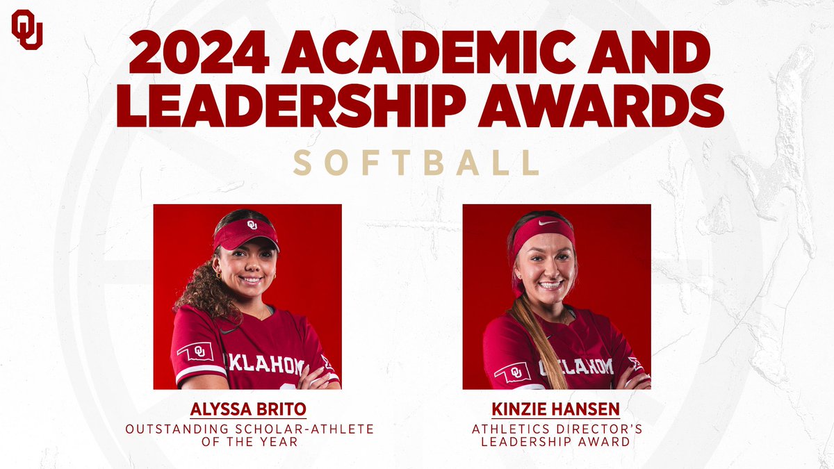 𝐋𝐞𝐚𝐝𝐞𝐫𝐬 and 𝐒𝐜𝐡𝐨𝐥𝐚𝐫𝐬 off the field. ☝️ Congrats to @alyss_33 on being named an Outstanding Scholar-Athlete of the Year and @kinziehansen on earning the Athletics Director Leadership Award as part of @OU_Athletics 2024 Academic & Leadership Awards!…