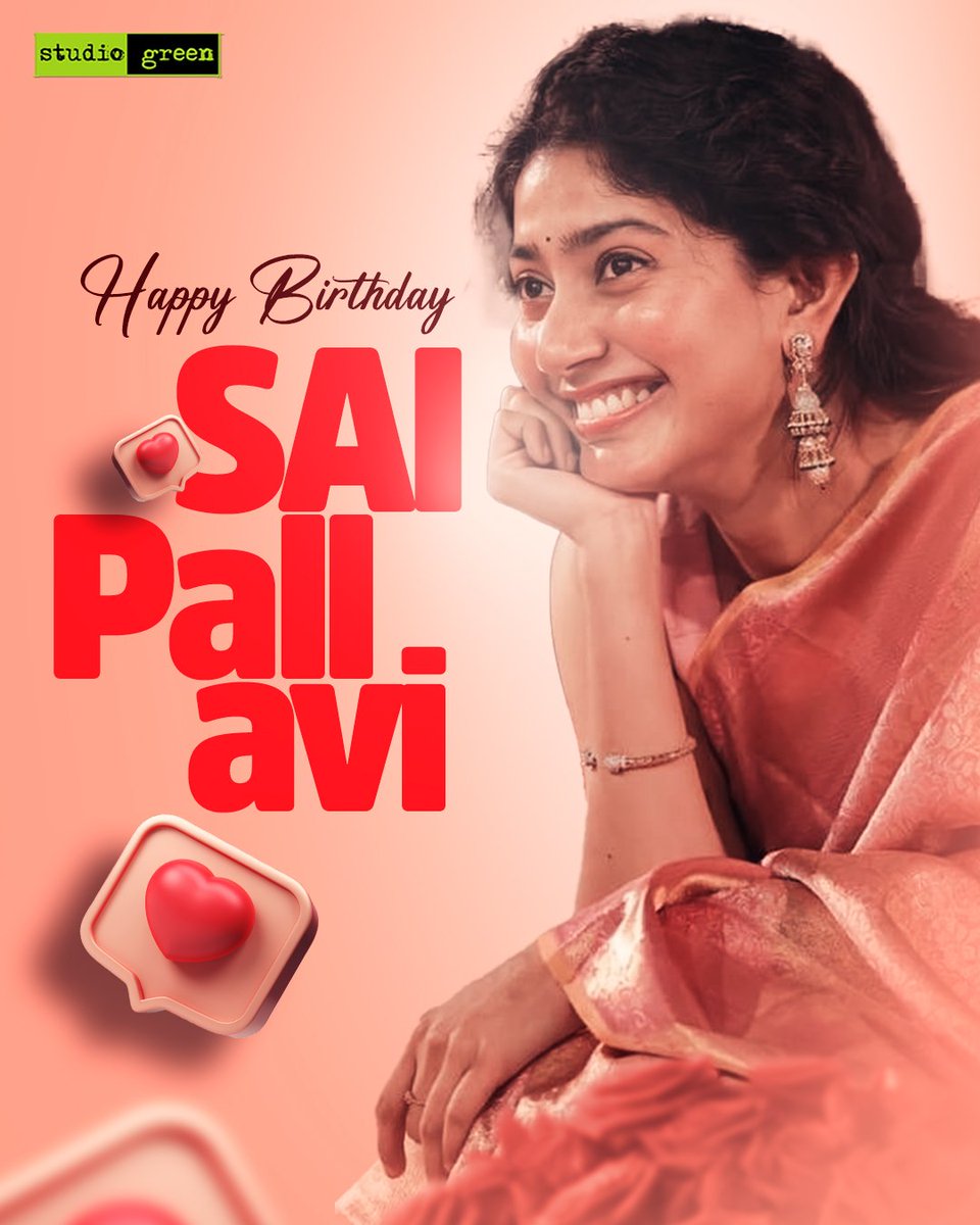 Wishing the Natural Performer with the enchanting charisma, actress Sai Pallavi, a very happy birthday 💕 From Team #StudioGreen @GnanavelrajaKe @Sai_Pallavi92 #HappyBirthdaySaiPallavi #HBDSaiPallavi #SaiPallavi #KEGnanavelraja