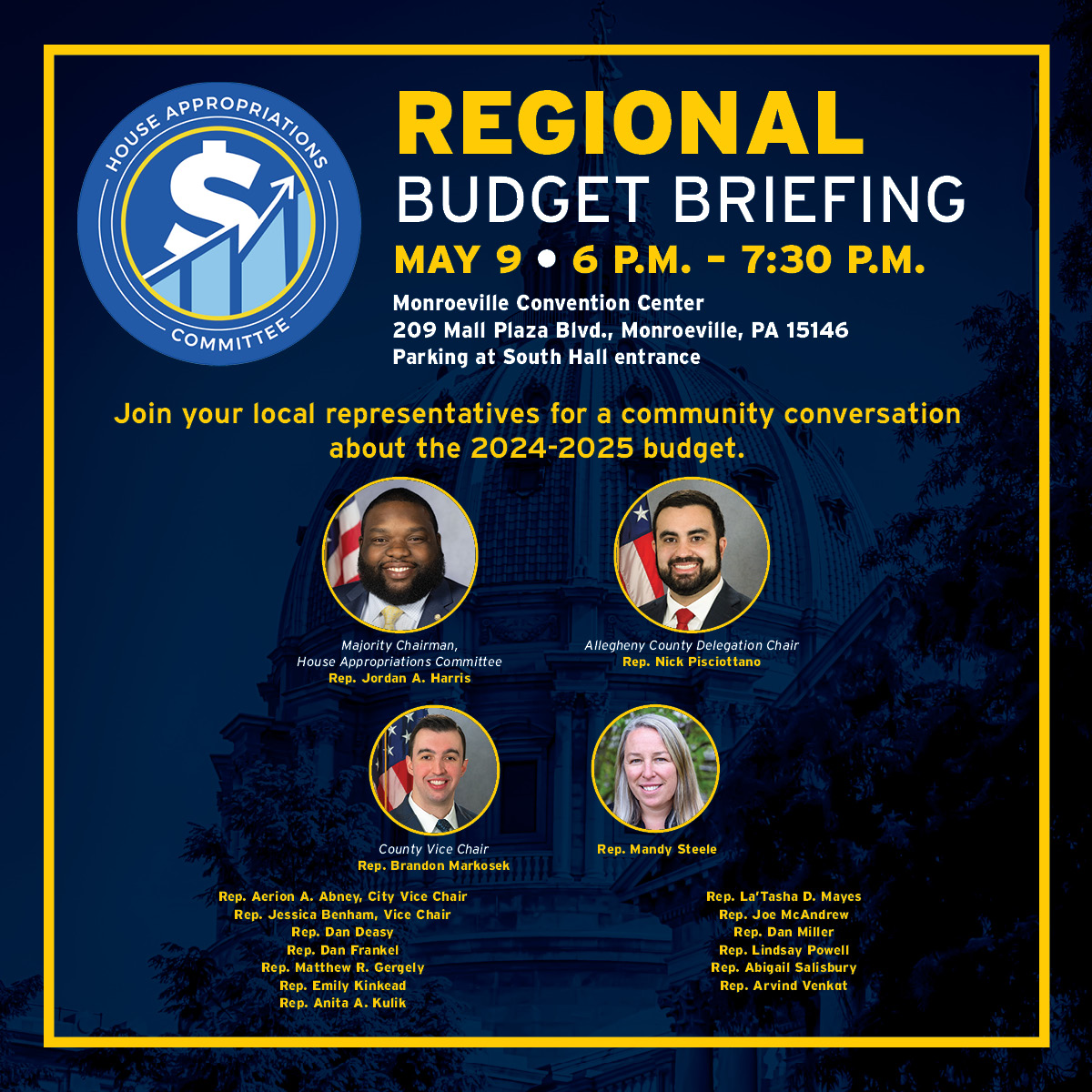 Interested in learning about the next state budget? Join me tomorrow at the Monroeville Convention Center for a regional budget briefing with @PA_HouseApprops Chairman @RepHarris and the @ACDelegation.