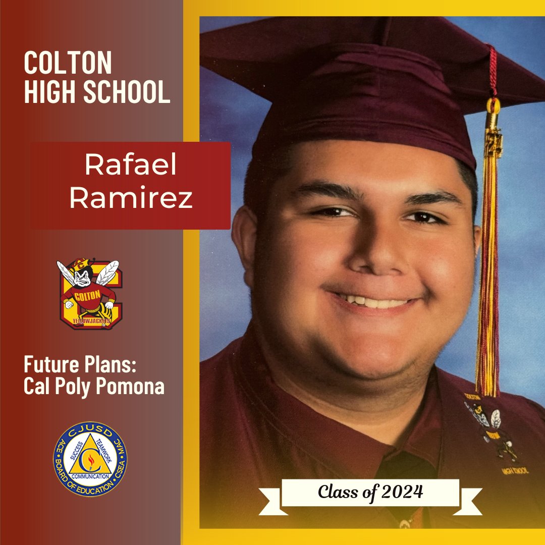 Congrats to Colton High School 🎓senior Rafael Ramirez, who plans to attend Cal Poly Pomona! We wish you all the best! #CJUSDCares #CHS #Colton 🐝🎉 Seniors, to be featured in our social media #CJUSD Class of 2024 Spotlight, fill out the form at bit.ly/CJUSDsenior2024
