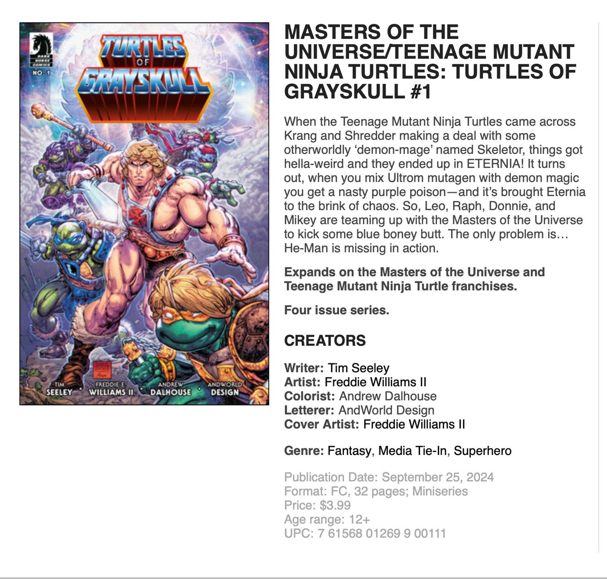 Did you guys hear there will be a He-Man / TMNT crossover?! I'm drawing it! drawing the mini comics for the toys (some of which is already out Now drawing the @DarkHorseComics 4 issue miniseries as well! Story: @HackinTimSeeley Art: @Freddieart Color: @adalhouse