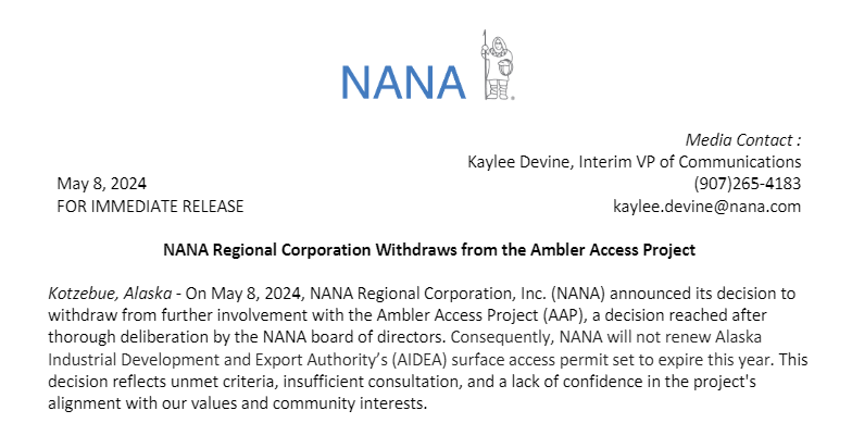 NANA Regional Corporation is withdrawing its support of the Ambler Road project, citing "unmet criteria, insufficient consultation, and a lack of confidence in the project's alignment with our values and community interests."

(h/t Desiree Hagen <a href="/KotzNews/">KOTZ News</a>)