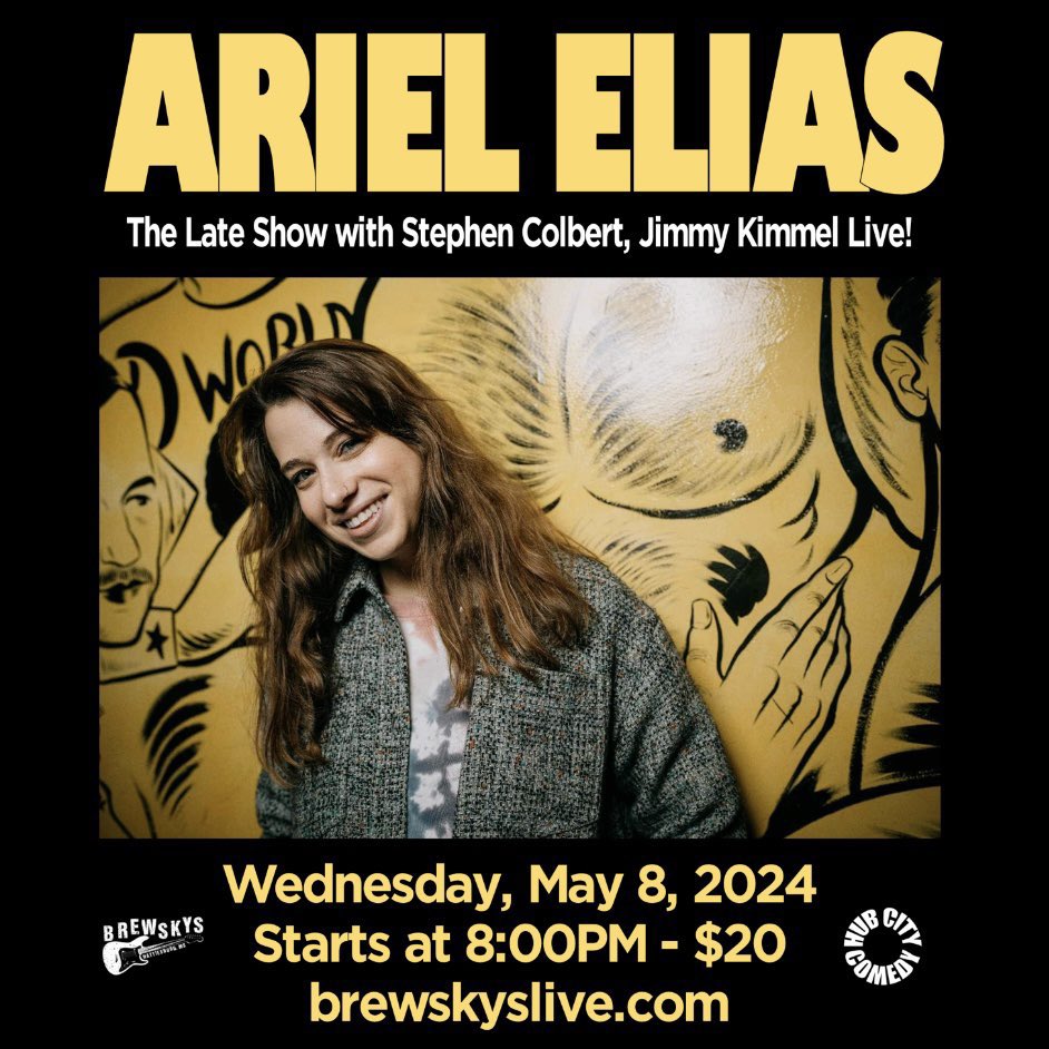Tonight at Brewksys! Ariel Elias hitting the stage at 8 with doors opening up at 7!! You might remember her from the Late Show with Stephen Colbert or Jimmy Kimmel Live!! $20 entry!!