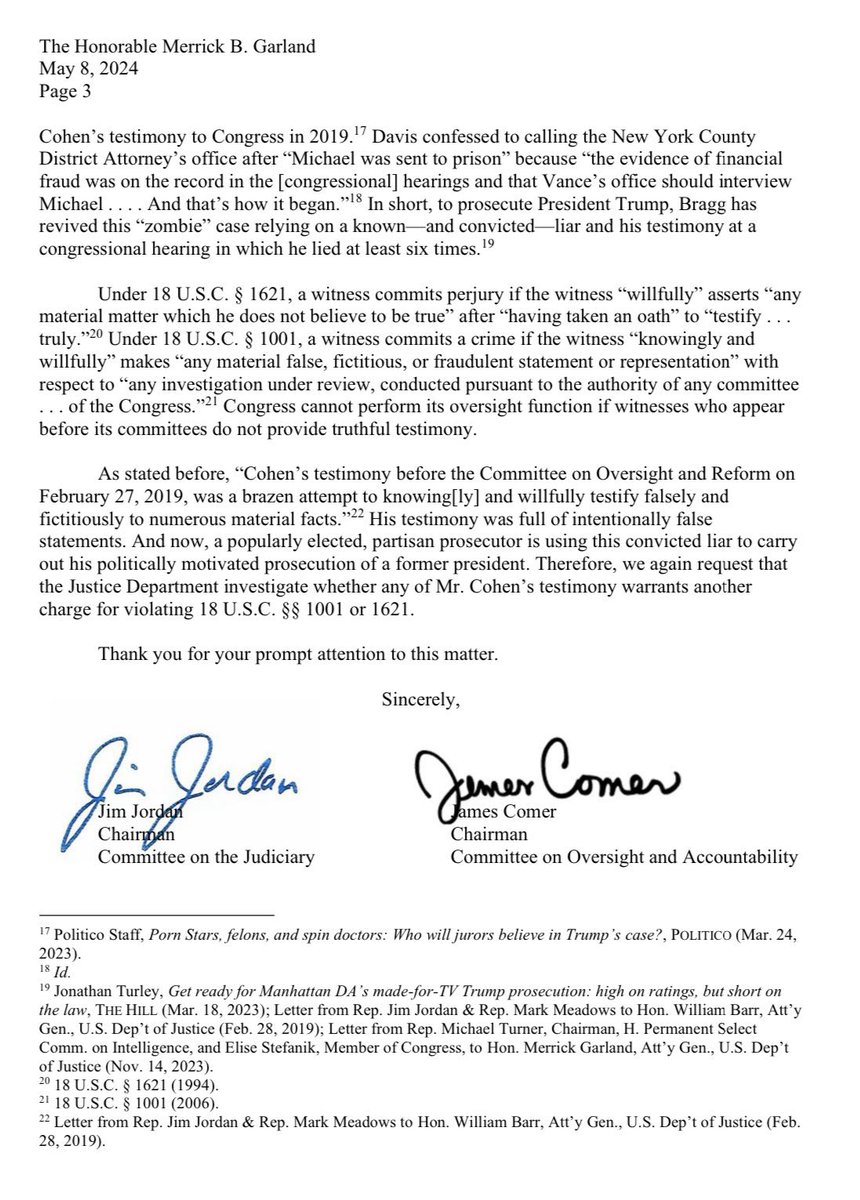 BREAKING: Chairmen Jim Jordan and James Comer have referred Michael Cohen to the DOJ for criminal prosecution for lying to Congress under oath.