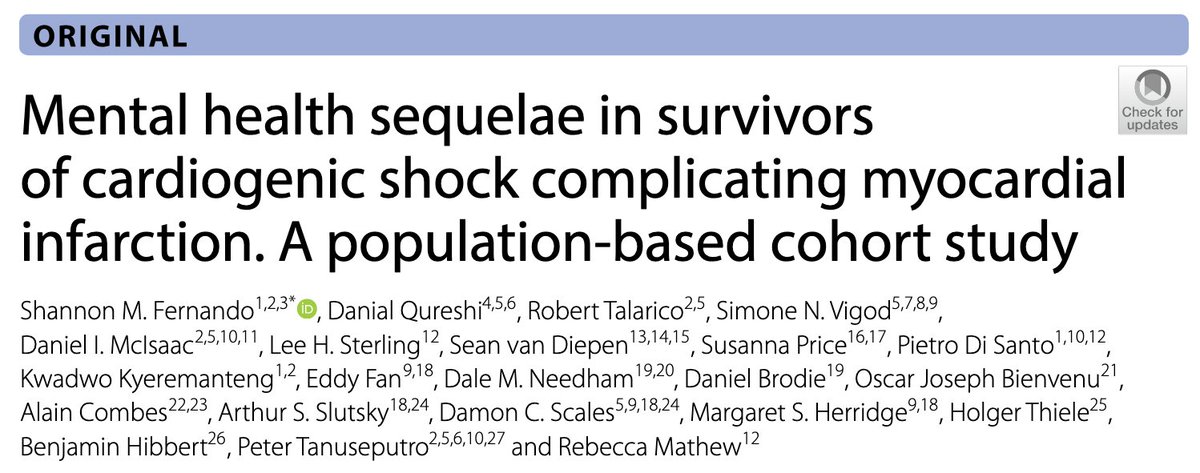 Understanding long-term outcomes in cardiogenic shock survivors is an important area of future research, and our new @ICESOntario paper looks at mental health outcomes in this population. Just published in @yourICM. 🔓rdcu.be/dGDlC link.springer.com/article/10.100…