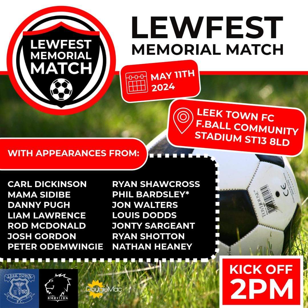 Missing the football already? Get on down to <a href="/leektown/">Leek Town FC ⚽️</a> on Saturday - ex <a href="/stokecity/">Stoke City FC</a> &amp; <a href="/OfficialPVFC/">Port Vale Football Club</a> stars in action including <a href="/carldickinson_3/">Carl Dickinson</a> <a href="/LiamLawrence07/">Liam Lawrence</a> <a href="/JonWalters19/">Jonathan Walters</a> <a href="/JontyOfficial/">Jonty Sargeant</a> <a href="/NathanHeaney/">Nathan Hitman Heaney</a> 

Tickets available at ticketsource.co.uk/dougie-mac?fbc… or you can pay on the gate!