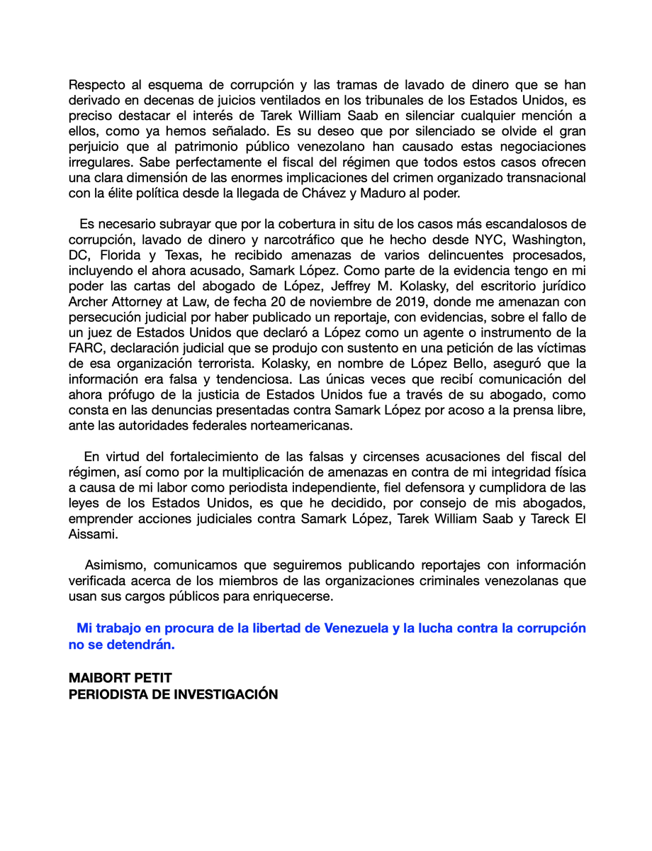 Carta a la opinión pública sobre los falsos señalamientos en mi contra de Tarek William Saab, fiscal del régimen venezolano y Samark López, prófugo de la justicia de #EEUU. Seguiremos trabajando para desnudar la naturaleza criminal de la élite política de #Venezuela y de sus…