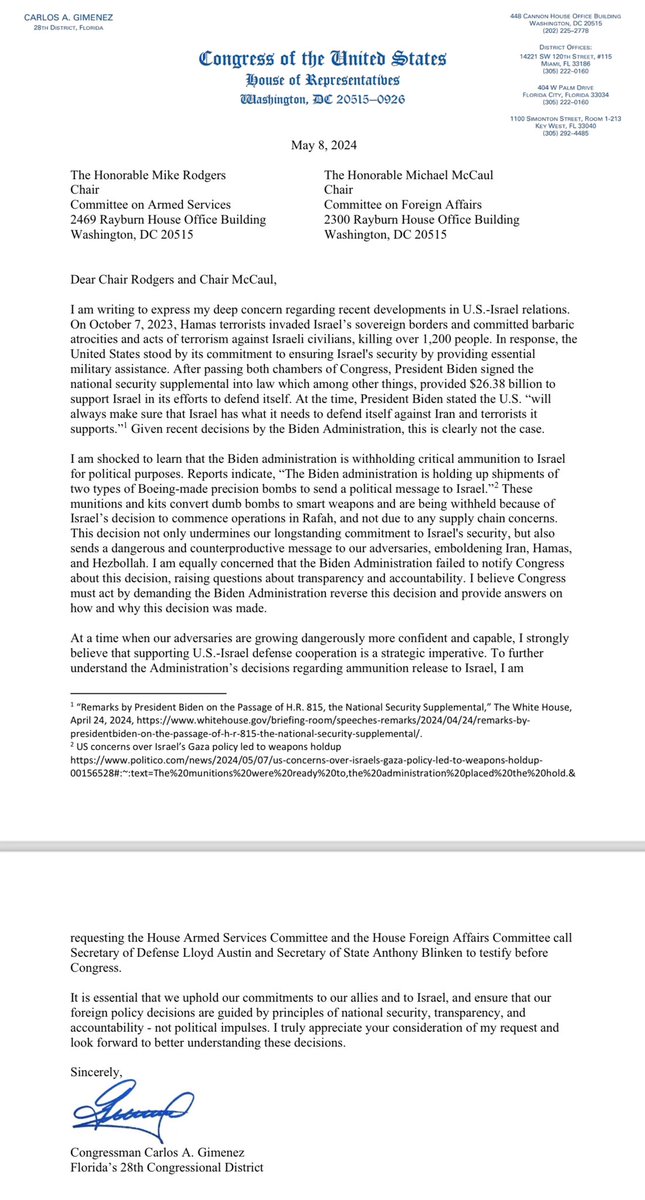 🚨NEW: We must immediately summon Secretary Austin & Secretary Blinken to testify before Congress & explain the Biden Administration’s pathetic decision to hold up shipments of precision bombs to DESTROY HAMAS! Why is President Biden carrying water for the pro-Hamas mob?