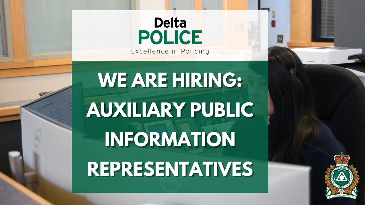 DPD is looking looking for a dynamic individual to join our team as an auxiliary Public Information Representative! ⁠ A full description of role functions and to apply, can be accessed by visiting: bit.ly/4b7thkx #WeAreHiring #JoinOurTeam #DeltaPolice #PIR