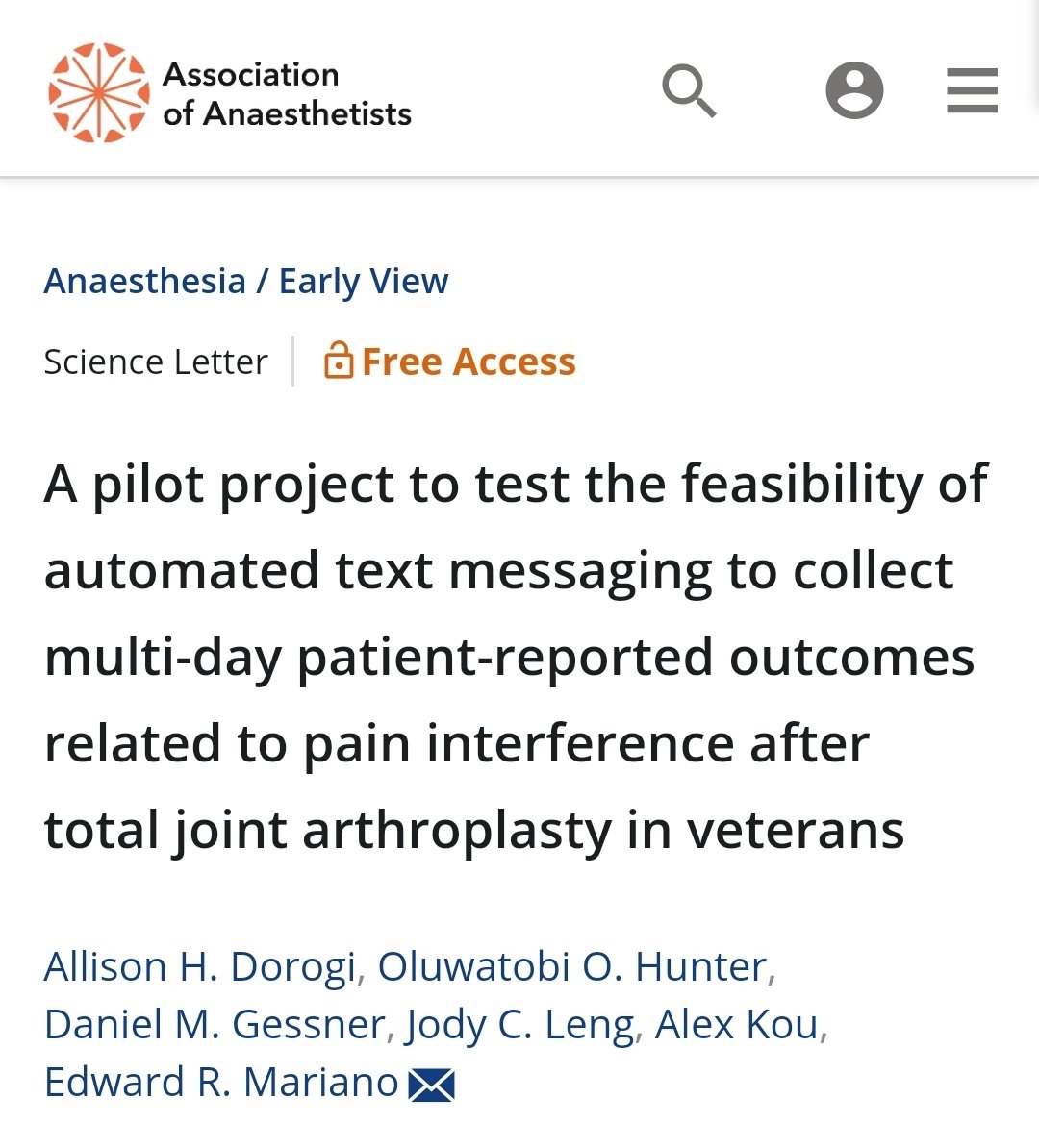 Congrats to our RAAPM fellow Dr Allison Dorogi for publishing her #ASRASpring24 project! 👏🏽 Many thanks to @Anaes_Journal for the opportunity to share our experience & lessons learned from automated text messaging for collecting patient-reported outcomes …-publications.onlinelibrary.wiley.com/doi/10.1111/an…