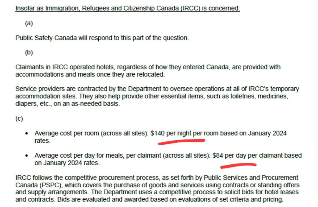 Canada's cost to house and dine and illegal immigrants and refugees is ridiculous. $140 per night per room. $84 per day for meals **per claimant** That's $224 per day or $6720+/month. That's more than our veterans get, that's more than our seniors get, that more than homeless…