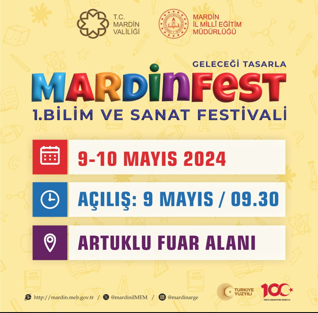 Tüm Halkımız Davetlidir.
#MARDİNFEST 1. Bilim ve Sanat Festivali
Bilim, sanat, üretim odaklı çalışmaları incelemek, etkileşimli atölyelerde eğlenerek öğrenmek için #MARDİNFEST sizi bekler!
#MARDİNFEST ile #GeleceğiTasarla 🚀🎨🧪

🗓: 9-10 Mayıs 2024
<a href="/Yusuf__Tekin/">Yusuf Tekin</a>
<a href="/tuncay_akkoyun/">Tuncay Akkoyun</a>