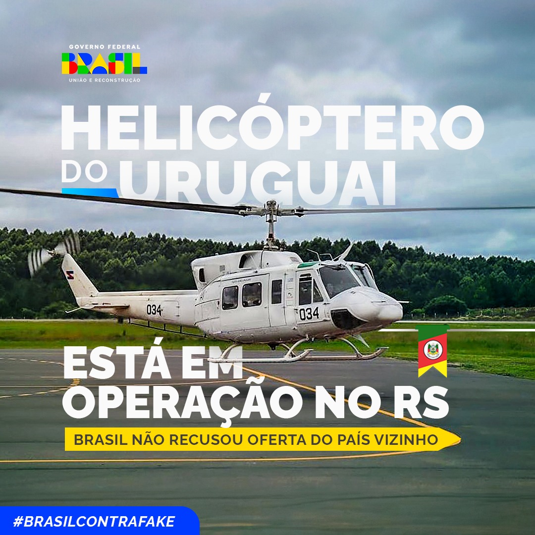 Espalhe a verdade. O governo brasileiro não recusou a oferta de ajuda do Uruguai para as operações no Rio Grande do Sul. Um helicóptero emprestado pelo país amigo está em operação no estado. O Brasil é grato ao Uruguai pela ajuda e pronto auxílio.