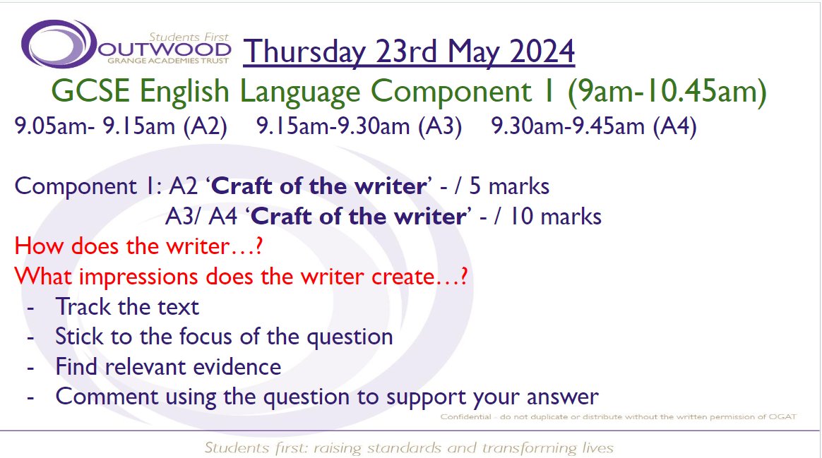 1/2 Year 11- Your GCSE English Language C1 Masterclass will take place Wednesday 22nd May 2024 period 4 and 5 with your first Language examination taking place at 9am Thursday 23rd May 2024. #TeamEnglish #TimeToShine #Revision