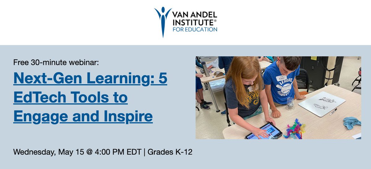 Free 30-minute webinar: 'Next-Gen Learning: 5 EdTech Tools to Engage and Inspire'

Wednesday, May 15 @ 4:00 PM EDT | Grades K-12

Register: register.gotowebinar.com/register/31155…

#LearnLAP #scitlap #edtech #edtechchat #edchat #education #k12 #elemchat #mschat #engagement