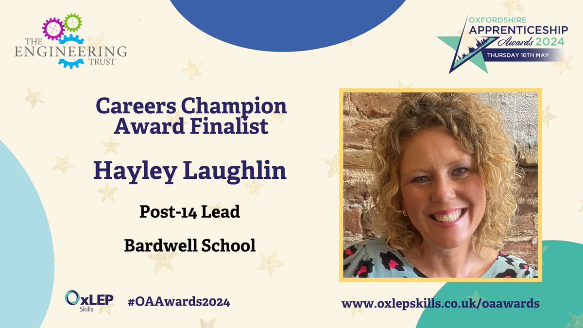 Oxfordshire Apprenticeship Awards (@oaawards) on Twitter photo π Congratulations to Hayley Laughlin, Post-14 Lead at <a href="/BardwellSchool/">Bardwell School</a>, finalist in the #Oxfordshire #Apprenticeship Awards <a href="/EngineerTrust/">The Engineering Trust</a> Careers Champion Award! #OAAwards2024 #OAHour π Congratulations to Hayley Laughlin, Post-14 Lead at <a href="/BardwellSchool/">Bardwell School</a>, finalist in the #Oxfordshire #Apprenticeship Awards <a href="/EngineerTrust/">The Engineering Trust</a> Careers Champion Award! #OAAwards2024 #OAHour