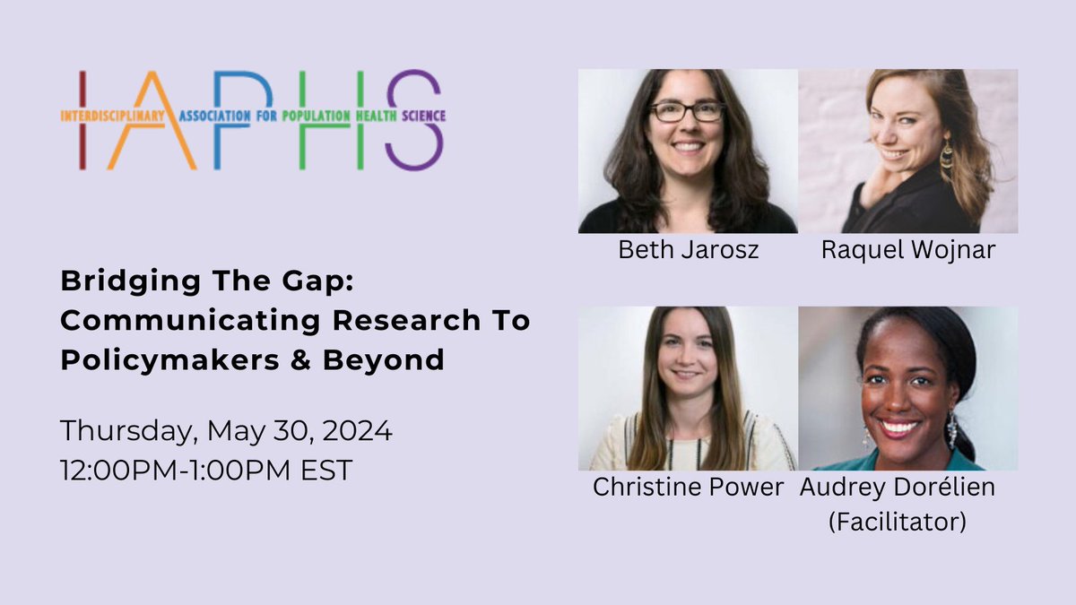 👉Join us for an exciting IAPHS Online Event: 'Bridging The Gap: Communicating Research To Policymakers & Beyond' on May 30, 2024 at 12:00PM-1:00PM EST. Visit iaphs.org/tools-for-succ… to learn more! **This webinar is open to everyone and free! (plz sign up for the online account)