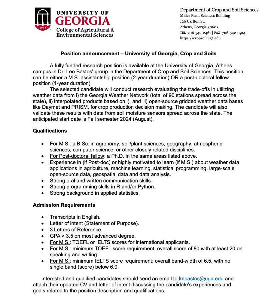 🚨Job alert🚨 MS (2-yr) or Post-doc (1-yr) position staring Fall 24 to evaluate the trade-offs in using weather data from GA Weather Network (90 stations),  interpolated products, and open-source gridded data bases (Daymet, PRISM), for crop production decision making. More info👇