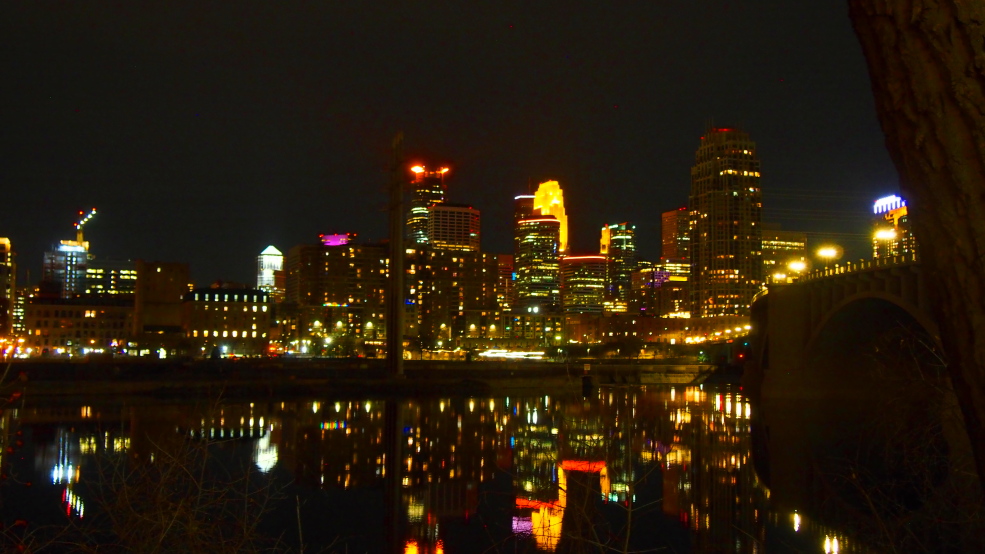 Minneapolis reflected, from the banks of the Mississippi River. #art #wallart #BuyIntoArt #homedecor
