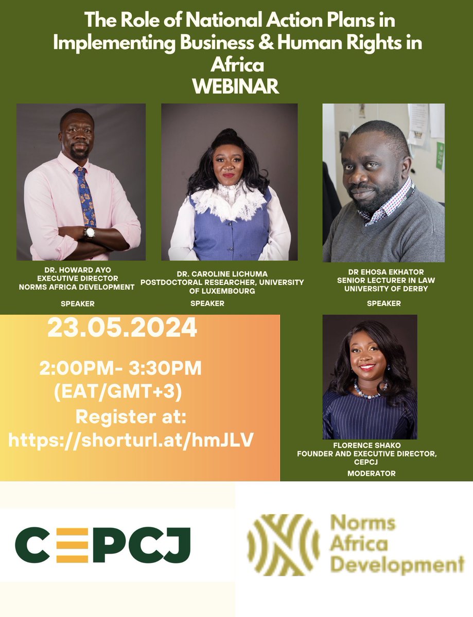 CEPCJ & Norms Africa Development invite you to a webinar on the Role of National Action Plans in Implementing BHR in Africa. We are honored to have @Howardaayo @carollichuma and @Goser_ovbiedo as distinguished panelists. Join us using this link: shorturl.at/hmJLV