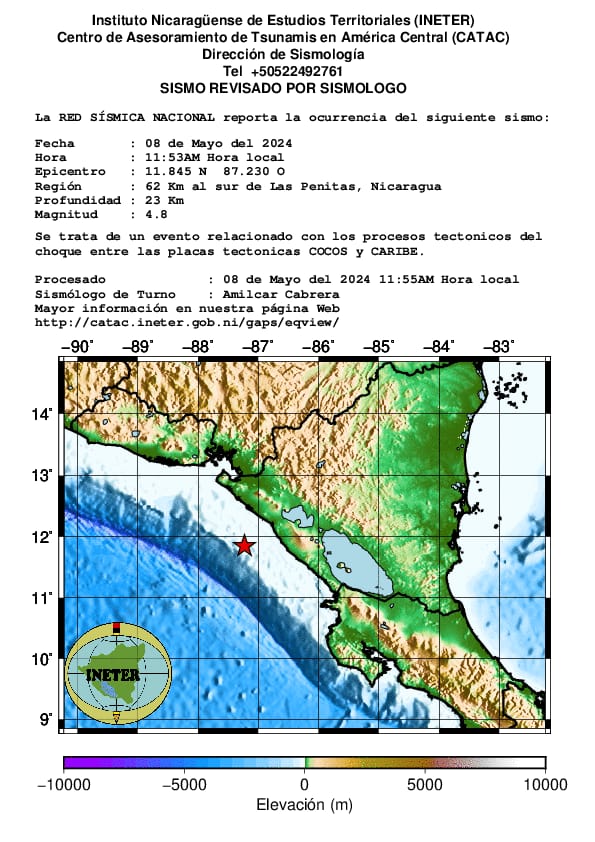 #Sismo  de  magnitud 4.8 se registró a 23  km de profundidad, a eso de las 11:53 de la mañana, de  este miércoles 08 de mayo, a 62 kilómetros al Sur de Las Peñitas, Nicaragua. 

#SinapredSomosTodos #PrevenirEsVivir