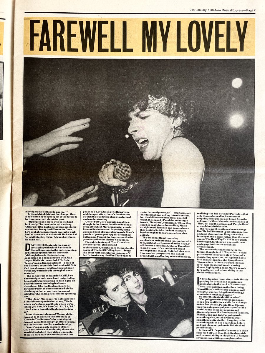 Marc Almond interviewed by Don Watson, at Soft Cell’s farewell gig. Pics by Bleddyn Butcher. New Musical Express, 21 January 1984.