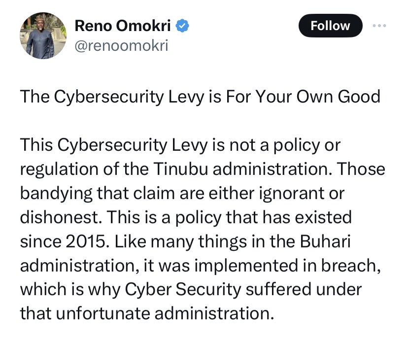 Reno Omokri is on it again 👇😳

“The 0.5% Cybersecurity levy is for your own good” 

If you read further you will see how fooIish Reno is. Too bad.