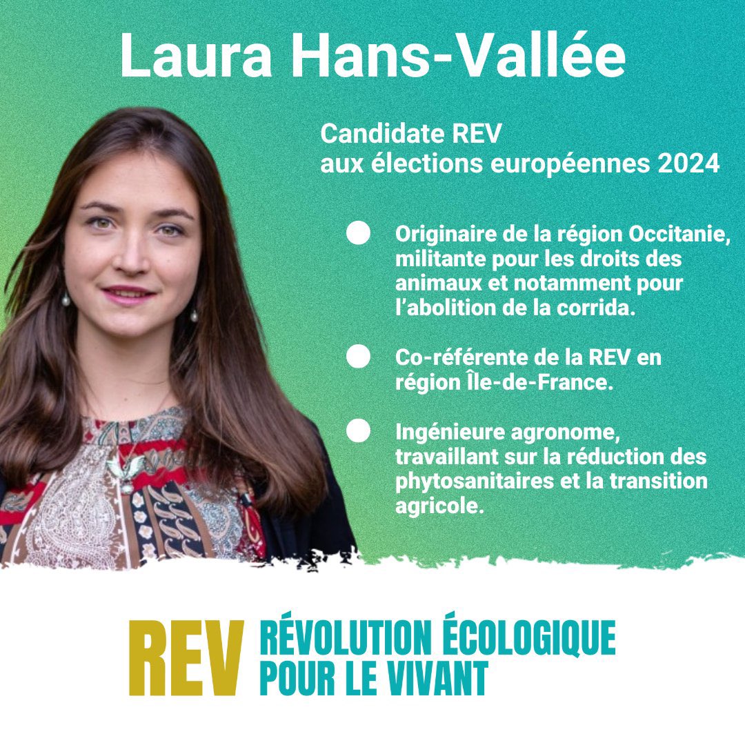 Nous sommes très fier.e.s de compter Laura Hans-Vallée, candidate antispeciste, sur notre liste de l’#UnionPopulaire pour les #Europeennnes2024 

Ingénieure agronome, référente de la @REVPourLeVivant en Île de France, nous avons déjà lutté ensemble en Occitanie contre la corrida.