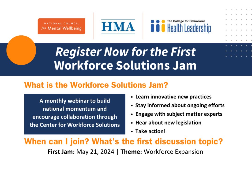 Join us, the College for Behavioral Health Leadership & @HMAConsultants for the first of the Workforce Solutions Jam series on May 21 to discuss workforce expansion and the need for timely and effective behavioral health care: bit.ly/3yaUKDy #mentalhealthawarenessmonth