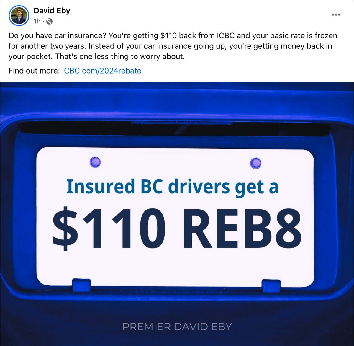 After years of sky-high ICBC rates, our BC NDP government stepped up to lower costs with historic cuts. Now, drivers are getting $110 back in their pockets with the 4th rebate to drivers since putting out the ICBC dumpster fire in 2020. And, we've frozen basic rates until 2026.